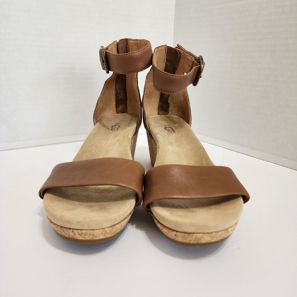 UGG Zoe II Wedge Sandals Leather Cork Ankle Strap Brown Boho 7.5 - Picture 2 of 14